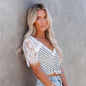 Vici dolls SIZE SMALL white and stripes lacy top